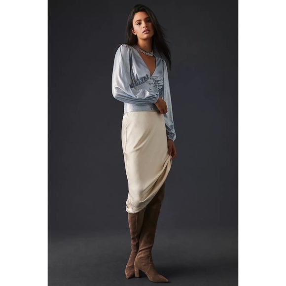 ANTHROPOLOGIE Shine Smocked V-neck Blouse Top Blue Size M NWT - Picture 6 of 9